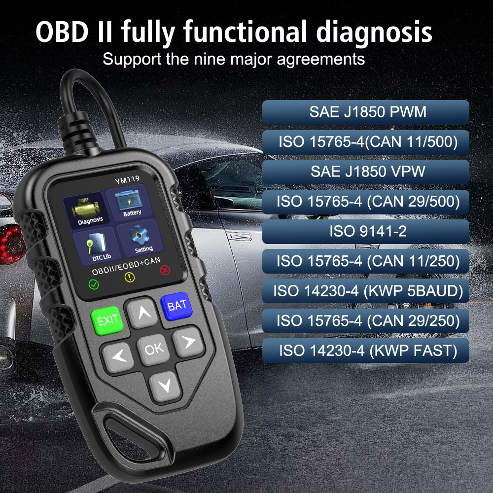 Multi-language OBD2 Code Reader Work for all cars YM119 Car Auto Diagnostic Tool Clear/Erase Codes OBDII Scanner