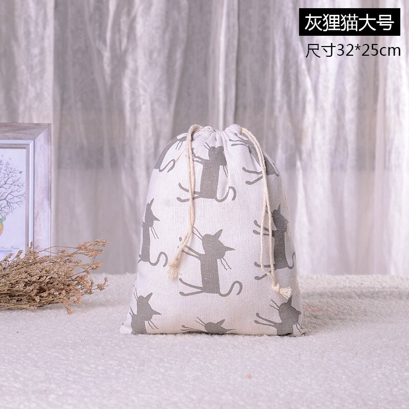 Cotton Linen Cat Pattern Beam Drawstring Bag Cosmetic Bag Travel Makeup Case Organizer Women Men Shoes Zakka Storage Pouch: 2 L