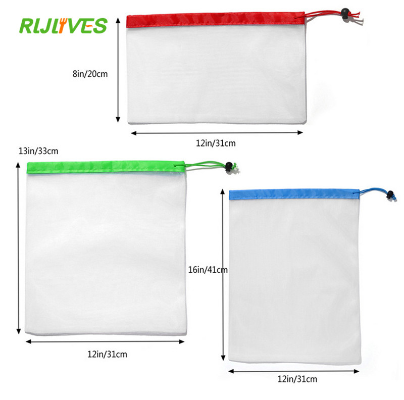 Malla reutilizable bolsas de cocina para el hogar bolsas de malla para almacenamiento de vegetales y frutas con cordón lavable a máquina
