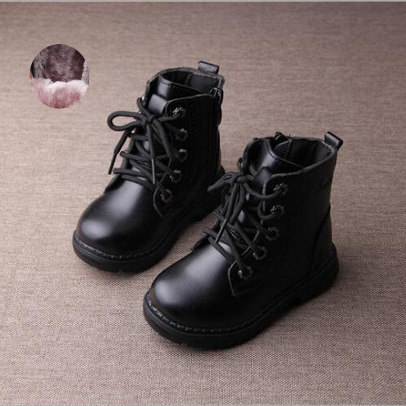 children boots waterproof autumn winter kids boots zipper closure boys girls boots shoes pure color for kids shoes: Black Cotton / 9