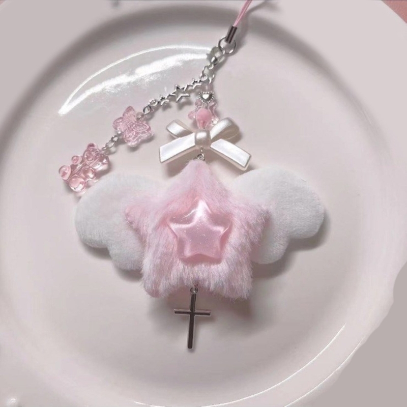Chaveiro artesanal com pingente asa anjo, corrente telefone com laço doce legal, cordão telefone, bolsa: Branco