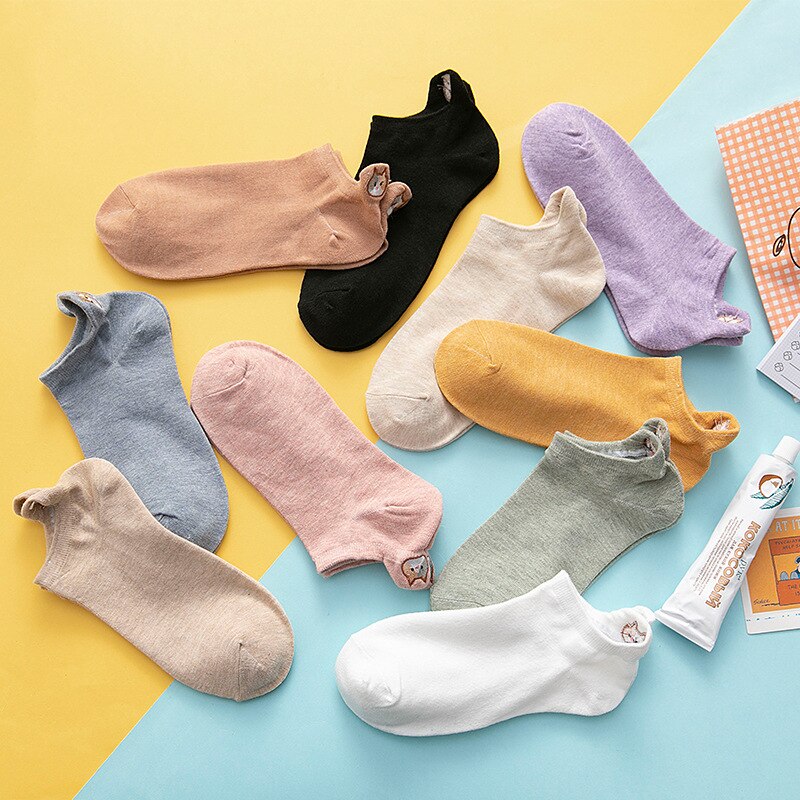 1Pair Kawaii Embroidered Expression Women Socks Happy Ankle Funny Animsl Socks Women Girl Cotton Summer Candy Color Cute