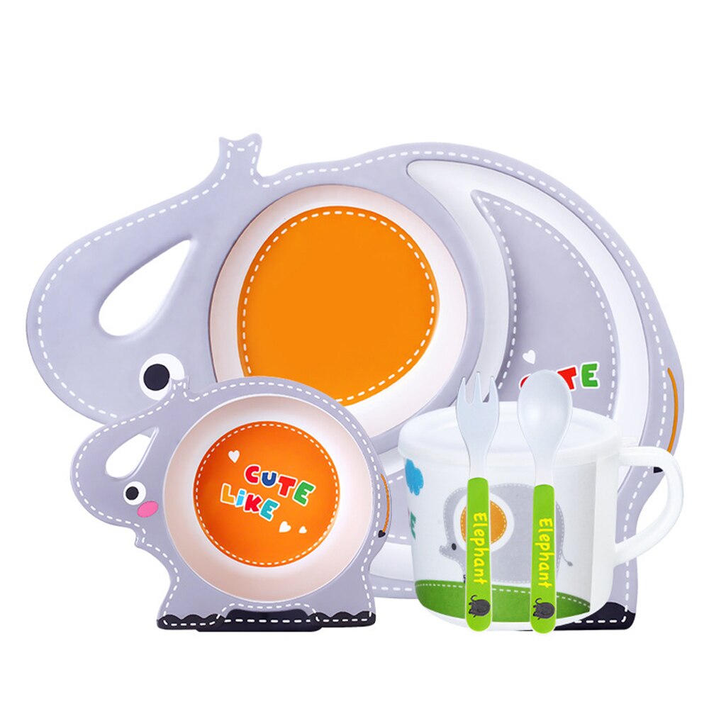 5 stk babyservice dejlige tegneserie børn madretter børnefad bambus fiberstel sæt med skål gaffel kop ske tallerken: Elefant sæt