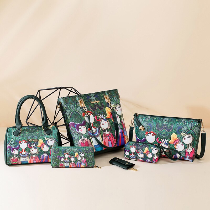 6 Pcs/Lot dessin animé impression femmes Composite sac de Durable en cuir PU sac à bandoulière femme Portable sac à provisions