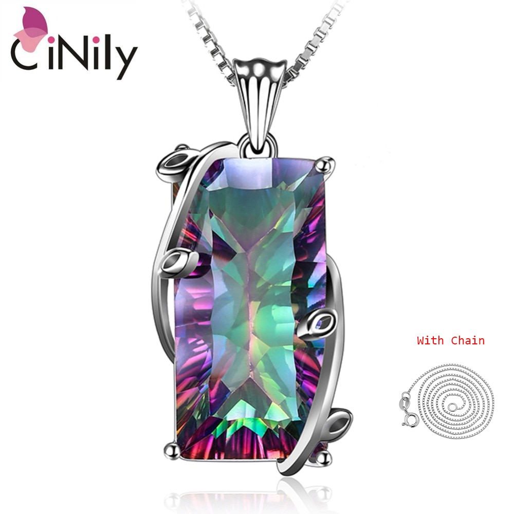 CiNily Big Rainbow Mystic Stone Necklace & Pendant Solid 925 Sterling Silver Chain Dangle Charm Ethnic Tribe Jewelry Women