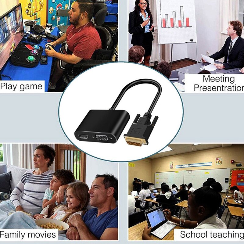 Dvi til hdmi+vga adapter 2 i 1 dvi omformer 1080p hd adapter egnet til tv, projektor, skjerm