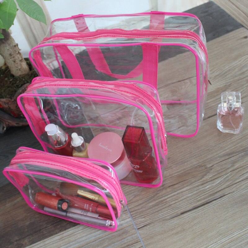 Ruputin 3 stuks/set transparante dames cosmetische tas pvc reisorganizer tas rits make-up tas badkamer waterdichte waszakken: Rozenrood