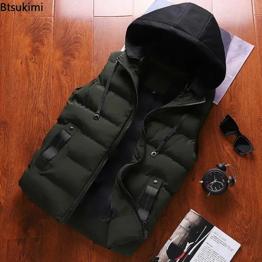 heren casual warm vest met capuchon effen dikker vest herfst winter waterdichte warme mouwloze jassen outdoor vest voor mannen
