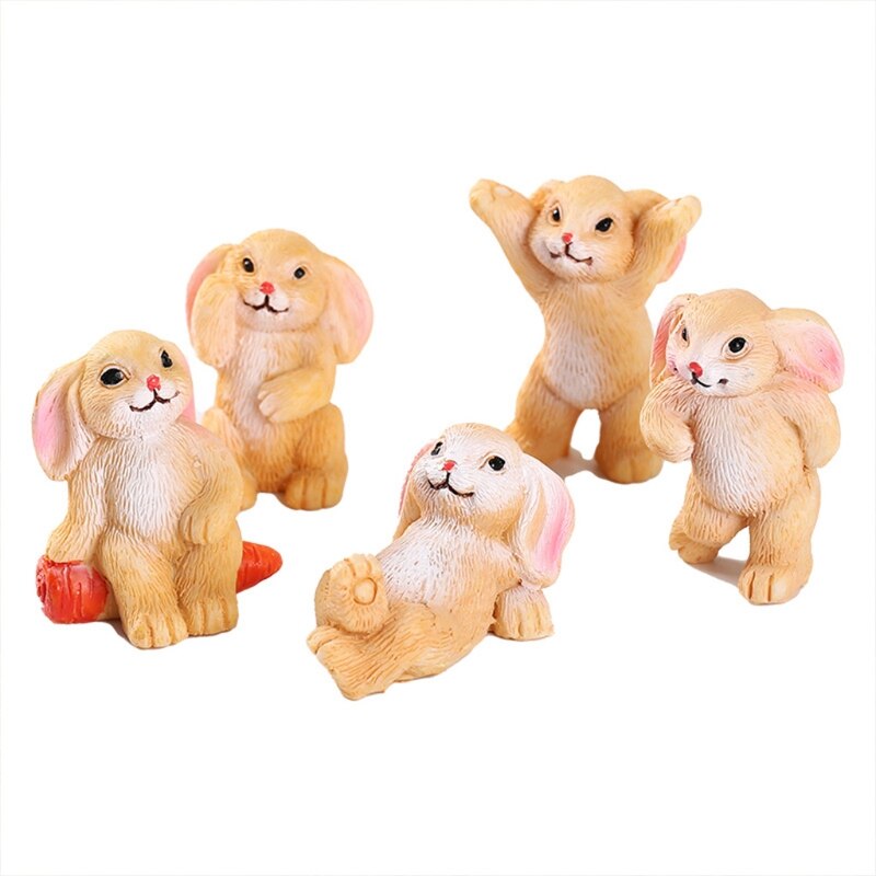 5PCS Toy Figure Miniature Rabbit Sculpture State for Play House Aquarium Dollhouse Accessory Fairy Garden Potted Decors