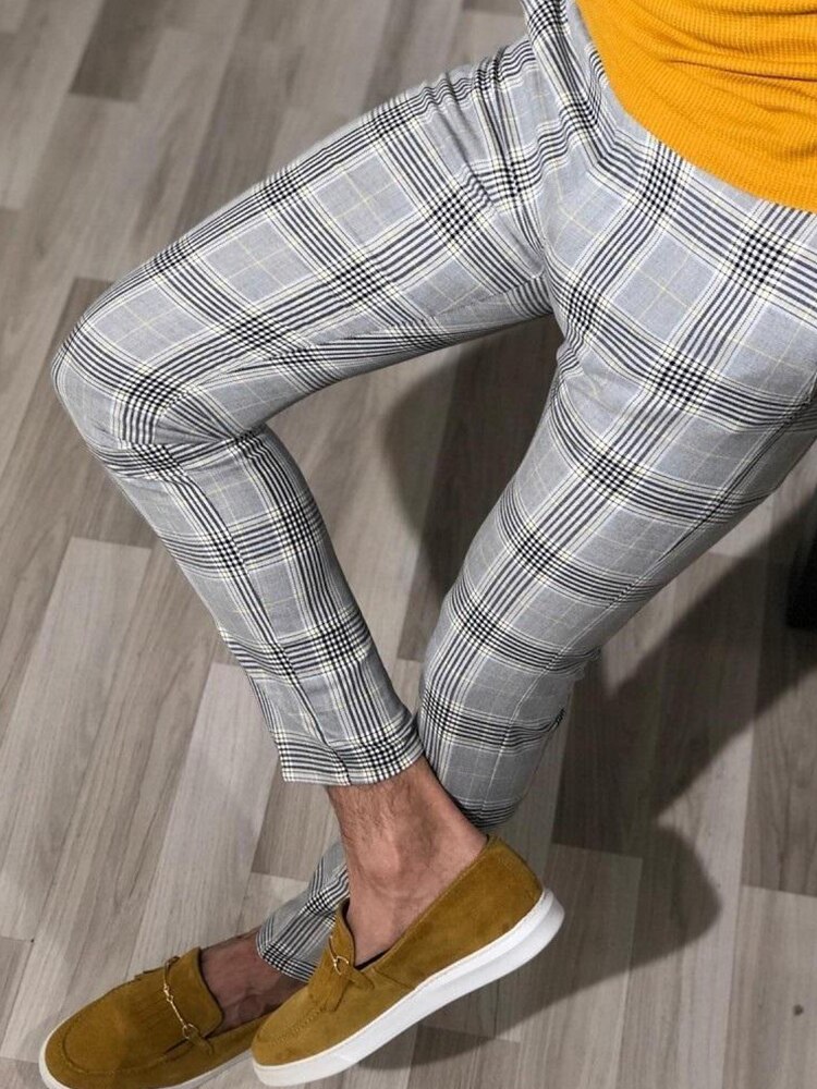 Mænd vintage plaid jakkesæt bukser formel kjole business casual slim fit bukser bryllupsfest formel klassiske ternede jakkesæt bukser