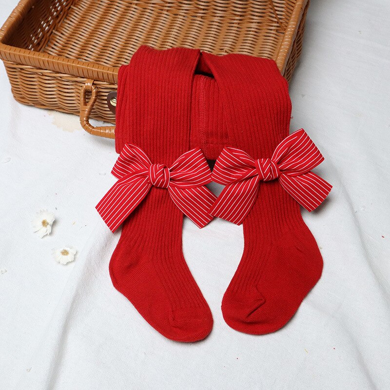 Infantil meias de natal com nervuras meias meninas estiramento meados de rise collants com arcos (vermelho) roupas de bebê inverno: 05 / 90-100cm