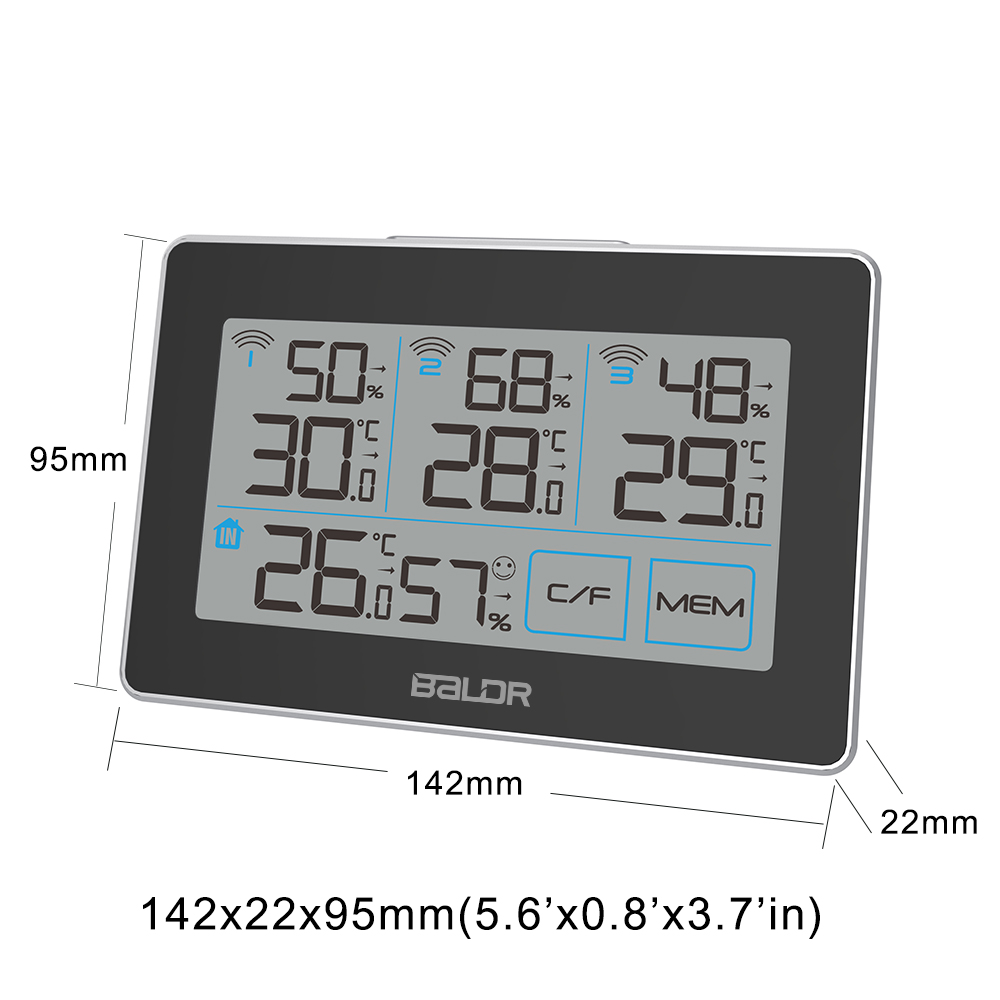 Baldr Touch Indoor Outdoor Weather Station + 3 Forecast Sensor Thermometer Hygrometer Meter Calendar 3CH Backlight