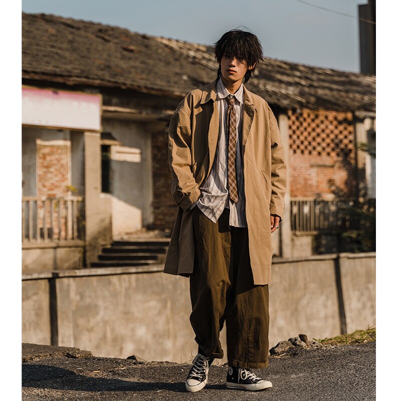 Gabardina básica Retro de estilo japonés Unisex, ropa de trabajo de longitud media, de un solo pecho, por encima de la rodilla, otoño e invierno, 2022