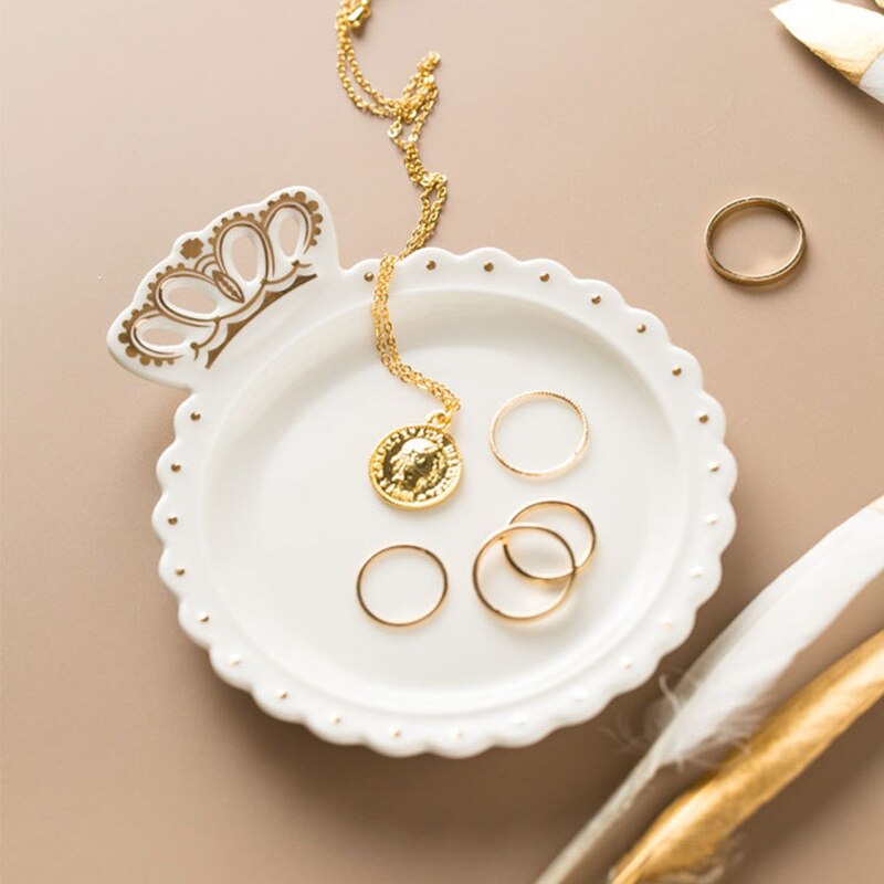 1 stk keramisk krone hvidt smykkefad gyldne snackfad ringe diamant runde skåle slik opbevaringsbakke dekoration tallerkener håndværk