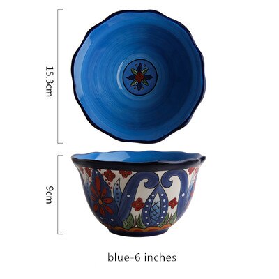 Bohemian Handgeschilderde Keramische Slakom Rijst Ramen Kom Soep Kommen Fruit Thuis Ontbijt Granen Huishoudelijke Keuken Servies: blue-6 inches