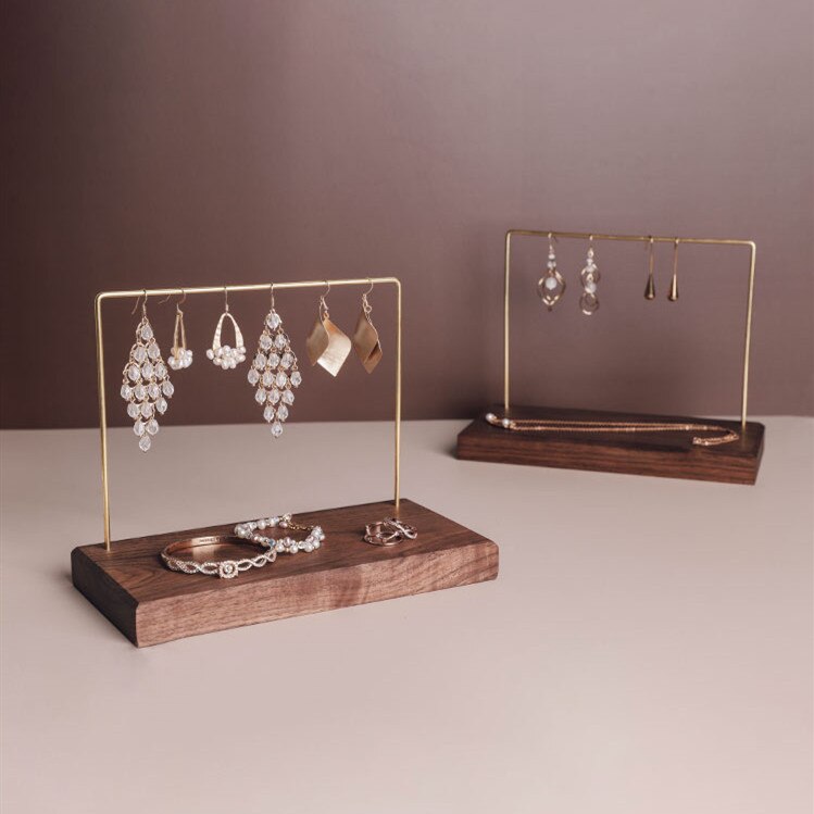Black Walnut Wood Marble Stone Jewelry Display Holder Earrings Chain Necklace Display Stand Earrings Display Rack