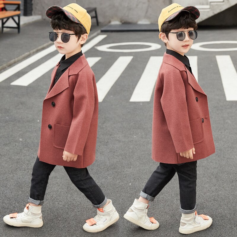 Casacos de inverno meninos sólido duplo breasted menino trench coat lapela outono crianças outerwear casacos de lã casaco para meninos 5 6 8 10 12 anos