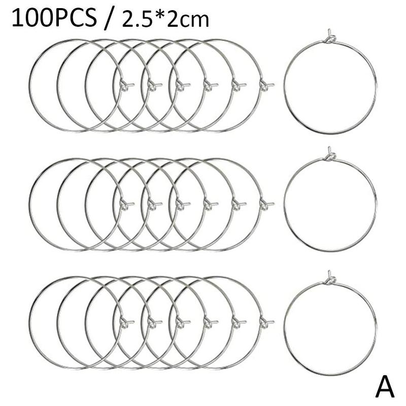 100pcs Champagne Wine Glasses Charm Rings Silver Metal Earrings Hoops Wire Drink Rings Labeling Circle Wine Party S4J5: A