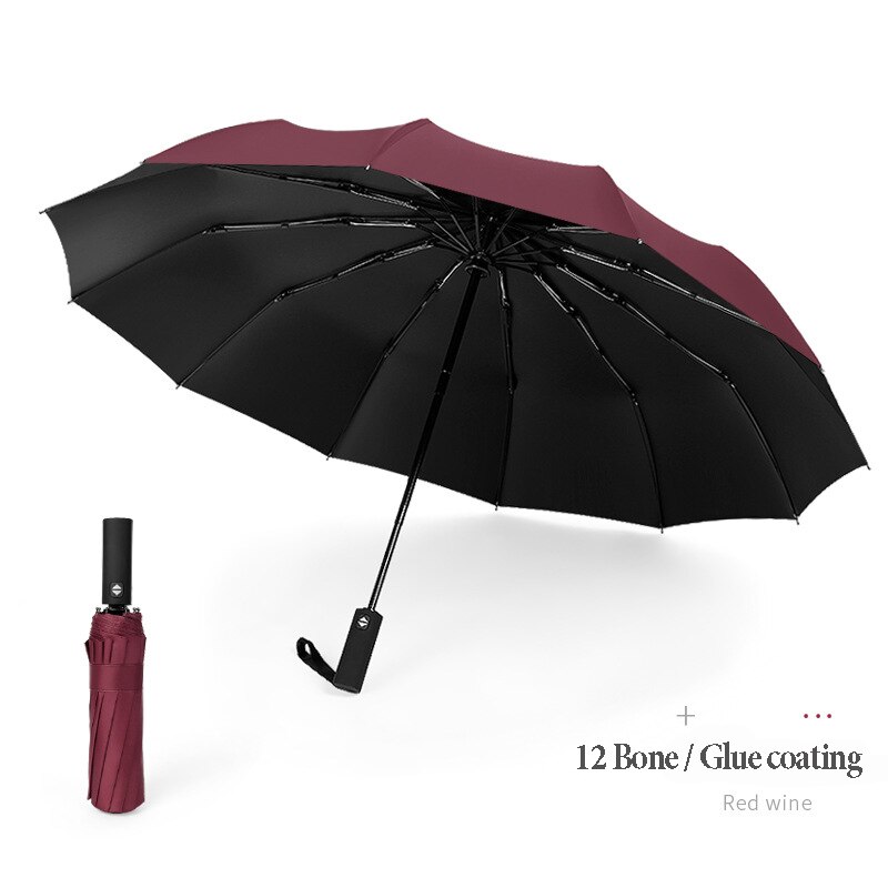 Paraguas fuerte, resistente al viento, plegable, automático, para hombres y mujeres, lluvia, 12 varillas, paraguas grandes, sombrilla con manija portátil de negocios: A