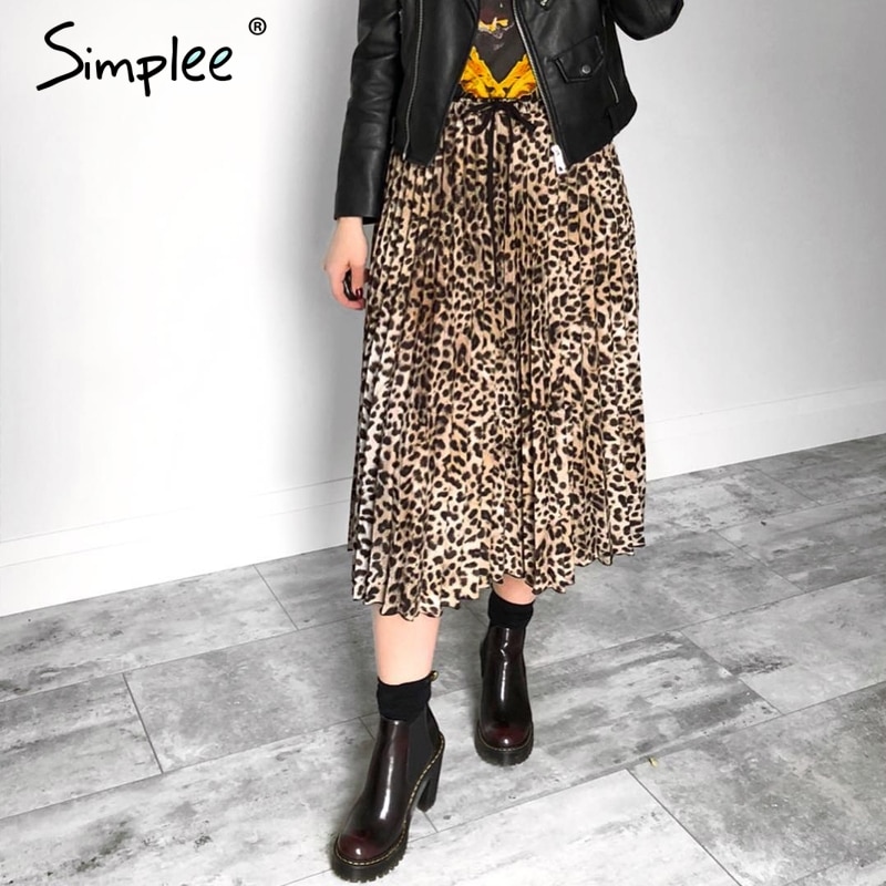 Simplee Vintage Luipaard Print Geplooide Rokken Vrouwen Punk Rock Koreaanse Rok Streetwear Trekkoord Elastische Taille Dames Midi Rokken