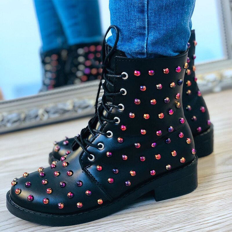 Autumn Winter European Style Boots For Women Red Silver Rivet Martin Boots Flats Lace Up Boots Plus Size 35-43