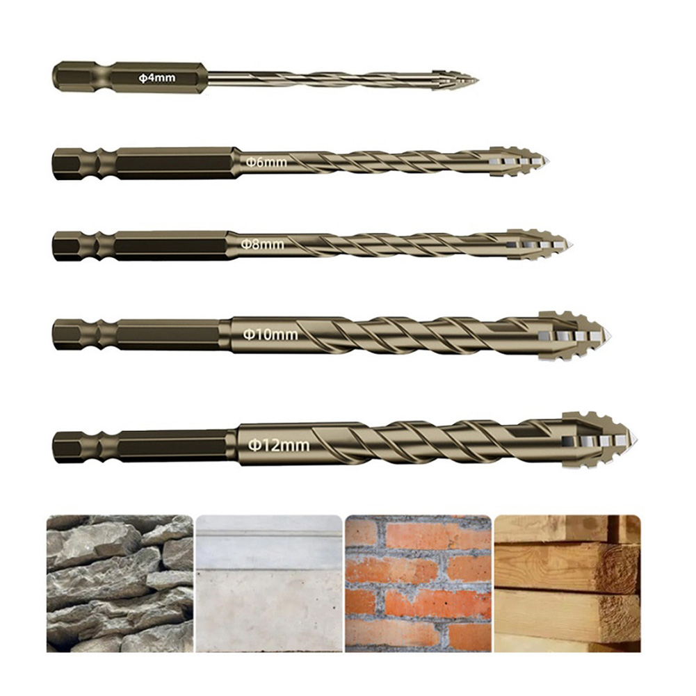 5pcs 4/6/8/10/12mm Eccentric Drill Bit 4 Edge Masonry Drill Bits Set For Wood Concrete Glass Brick Tiles