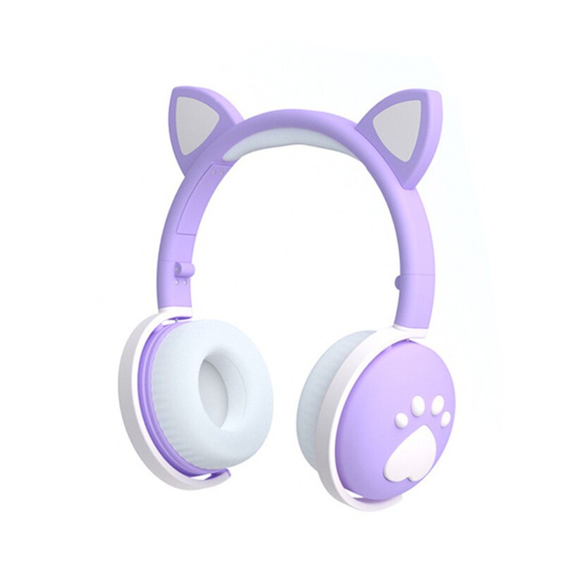 Farverige børneheadset trådløst glødende søde led kat øre pote piger bluetooth hovedtelefoner hifi stereo bas 3.5mm stik med mikrofon: Lilla hvid