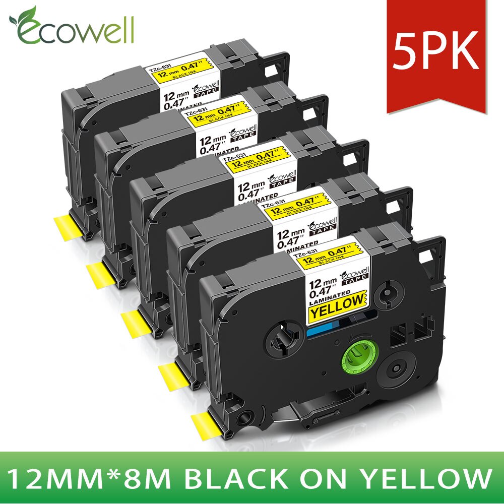 Ecowell 12mm Black on White TZe-231 TZe 231 Label Tapes Compatible for Brother p touch PT200 1000 D210 H110 E110 Label Printer: 5PK Black on Yellow