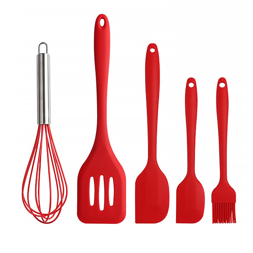 5pcs Kitchen Ware Set Silicone Scraper Oil Brush Egg Whisk Spatula Cooking Utensil Multipurpose Kitchen Cake Tool Set: red