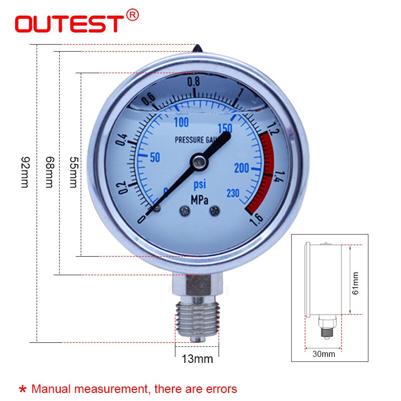 OUTEST 0-60MPa Radial stainless steel manometer pressure gauge Air oil water Hydraulic Pressure gauge Thread G1/4