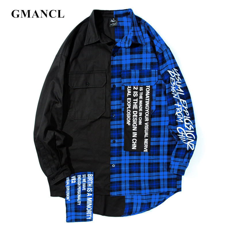 Mens Hip hop Color Block Patchwork Oversized Plaid Shirts letter printed Long section Curved hem Casual Long sleeves Shirts