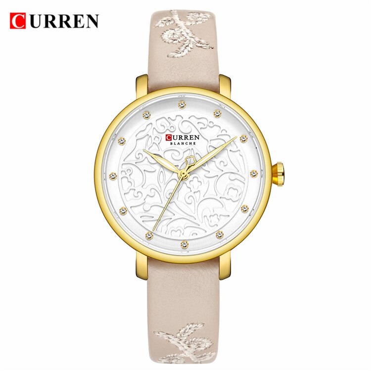 Top CURREN Vrouwen Horloges Roze Lederen Horloge met Strass Dames Klok Mode Luxe Quartz Horloge Relogio Feminino: L Gold white