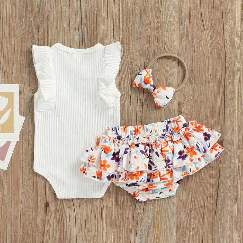 Baby Meisje Zomer Rompertjes Set Peuter Ruches Mouwloze Jumpsuit En Bloemenprint Shorts Hoofdband