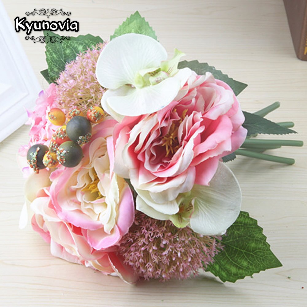 Kyunovia Chic Peony Bouquet Artificial Orchid Wedding Decoration Silk Flowers Natural Bridesmaid bouquet Bridal Bouquet D39