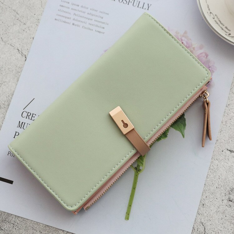 Korean Mori Ladies Thin Wallet Long Multi-function PU Wallet Simple Card Holder Zipper Buckle Coin Purse Clutch: Green