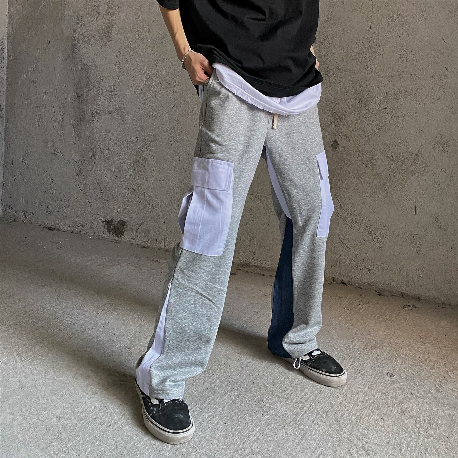 UNCLEDONJM Colour block streetwear sweatpant men multi-pocket Flare Pants men clothing hip hop pants U20122