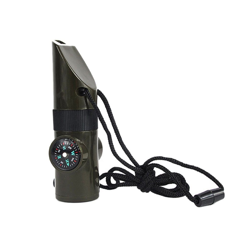 Multifunctional Whistle 7 In 1 Survival Trekking Compass Mirror Torch Magnifier Led Light Thermometer Storage Tools