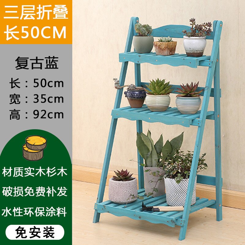Multi Schichten fest Holz Pflanze Stand Mediterranean Jahrgang Pflanze Regal Pult Blume Gestell Blume Stand Garten Stand Lager Gestell: 3-Schicht Blau