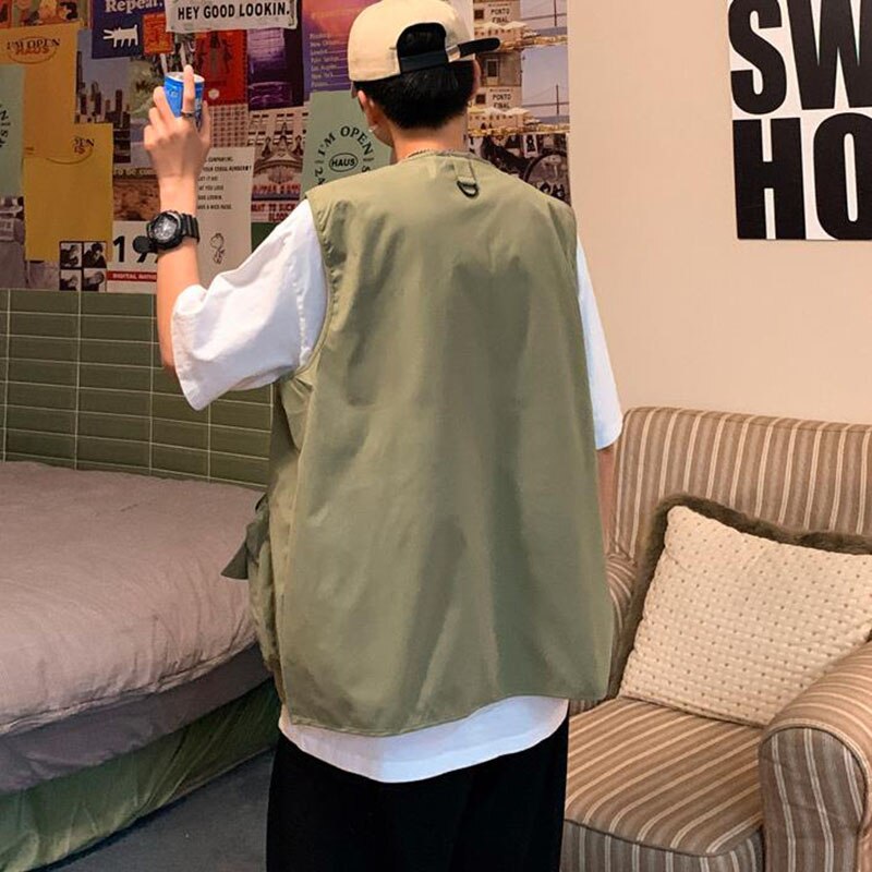 Autumn Mens Tooling Vest Men Streetwear Cargo Vest Hip Hop Sleeveless Jacket Korean Gilet Multi-Pocket Outdoor Coat