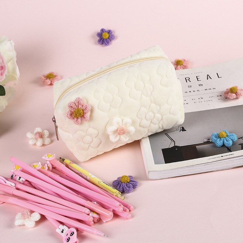 Borsa cosmetica di bellezza per donna moda ragazza Kawaii fiore cosmetici morbidi borse per trucco organizzatore multifunzione per astucci per studenti: White