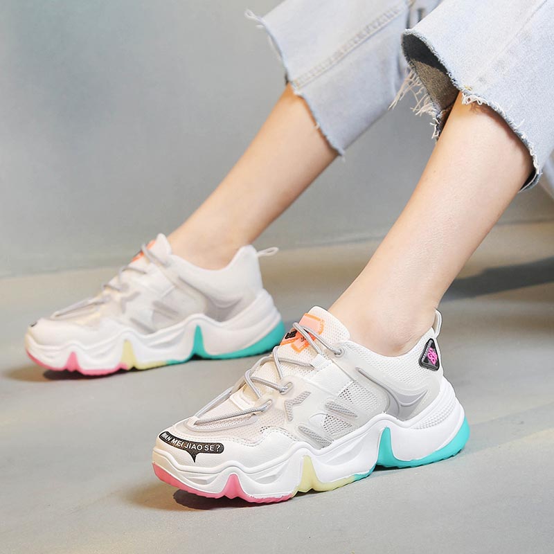 Zomer chunki dames sneakers dames platform sportschoenen wit groene sportschoenen dames hardloopschoenen dames sport walk d -440: Wit / 5.5