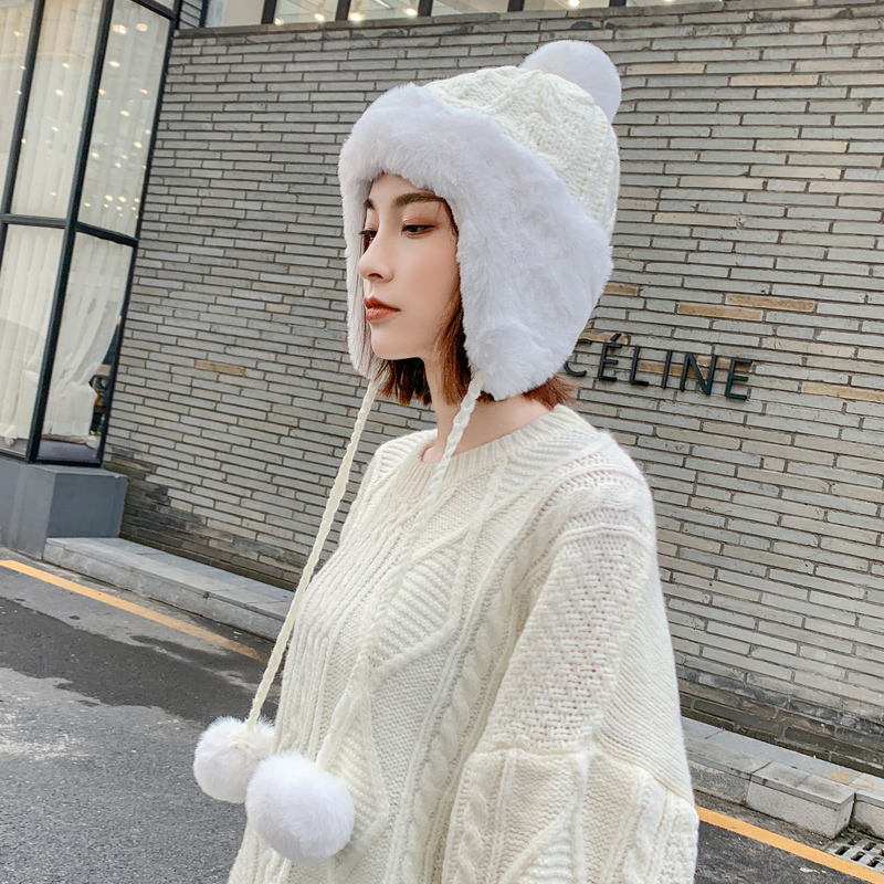 H3568 Women Warm Bomber Hat Winter Riding Ear Protection Plush Thickened Knitted Cap Korean Cold Proof Lovely Casual Girl Hats: white