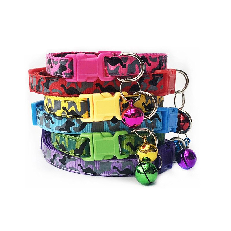 Collar de poliéster para mascotas, correa de cuello de camuflaje con campana, hebilla ajustable, para perros y gatos, accesorios para cachorros, gato