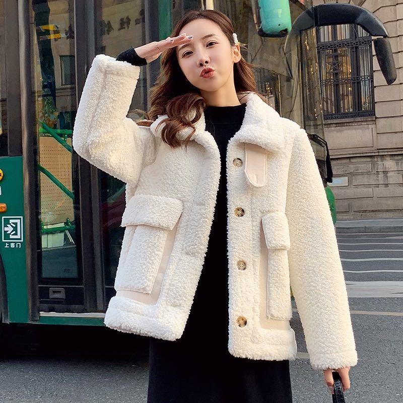дубленка женская Korean Thick Wool Jacket Warm Women&#39;s Winter Sheepskin Coat One Piece Fur Coats All-Match Traf
