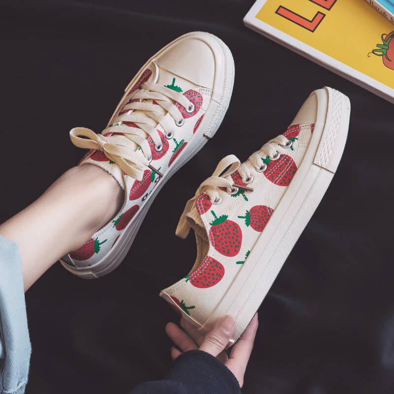 Vangull Lente Womens Aardbei Canvas Schoenen Hoge Top Wilde Studenten Schoenen Lage Top Zusters Snoep Schoenen Platform Sneakers