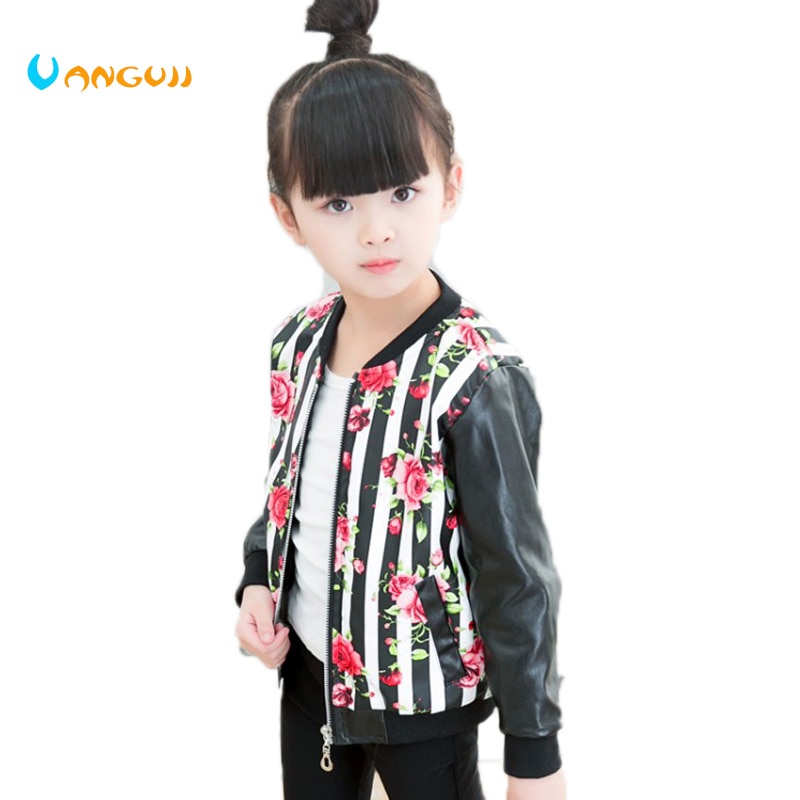 Veste en pu pour filles | Manteau pour enfants de 3 à 9 ans, col rond, manches longues, impression de fleurs rayées, camouflage mosaïque, tout assorti
