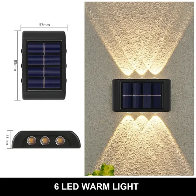 6LED wandlamp op zonne-energie, buiten waterdicht licht, omhoog en omlaag, verlichting, tuindecoratie, buitenzonlichten: Licht Geel