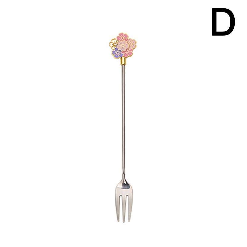 Japanese Sakura Coffee Spoon Cute Stainless Steel Spoon Fork Coffee Spoon Long Handle Stirring Dessert Fork Spoon: D