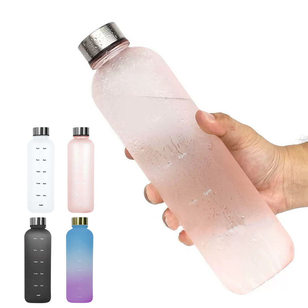 1000ML Kunststoff Raum Tasse Große-Kapazität transparent Gefrostet Wasser Tasse Kupfer Deckel Sport Wasser Flasche Mit Zeit Marker für Schüler