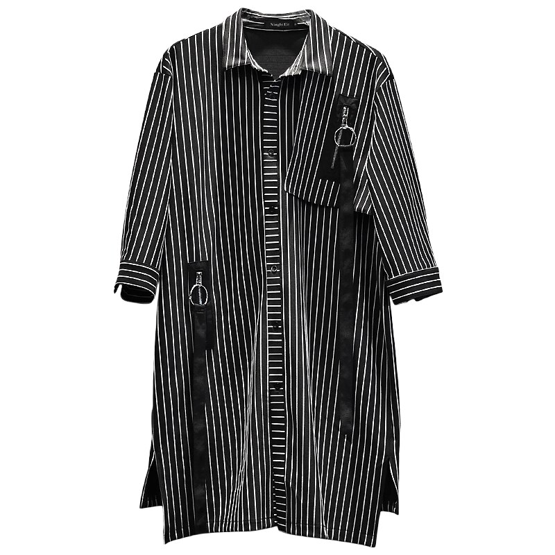 Hip hop Men Extra long Striped shirt long sleeve Black and white Spring Summer